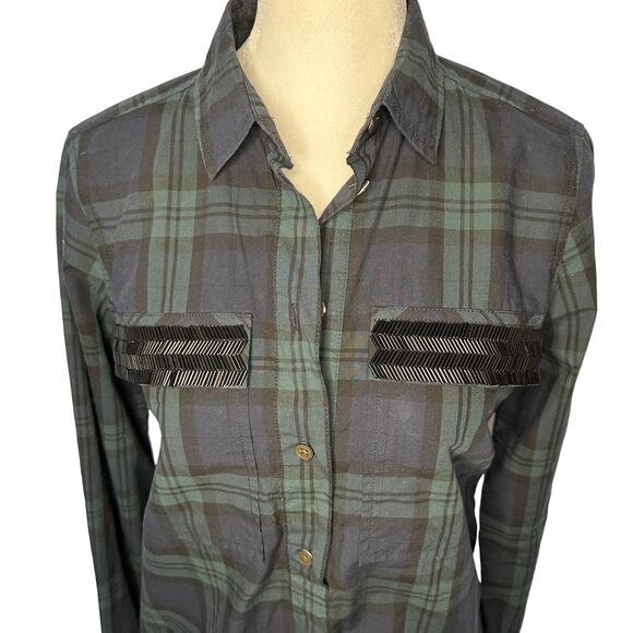 J.Crew Blue Black Flannel Plaid Beaded Quarter Button Down Shirt 0 / XS - Picture 3 of 7